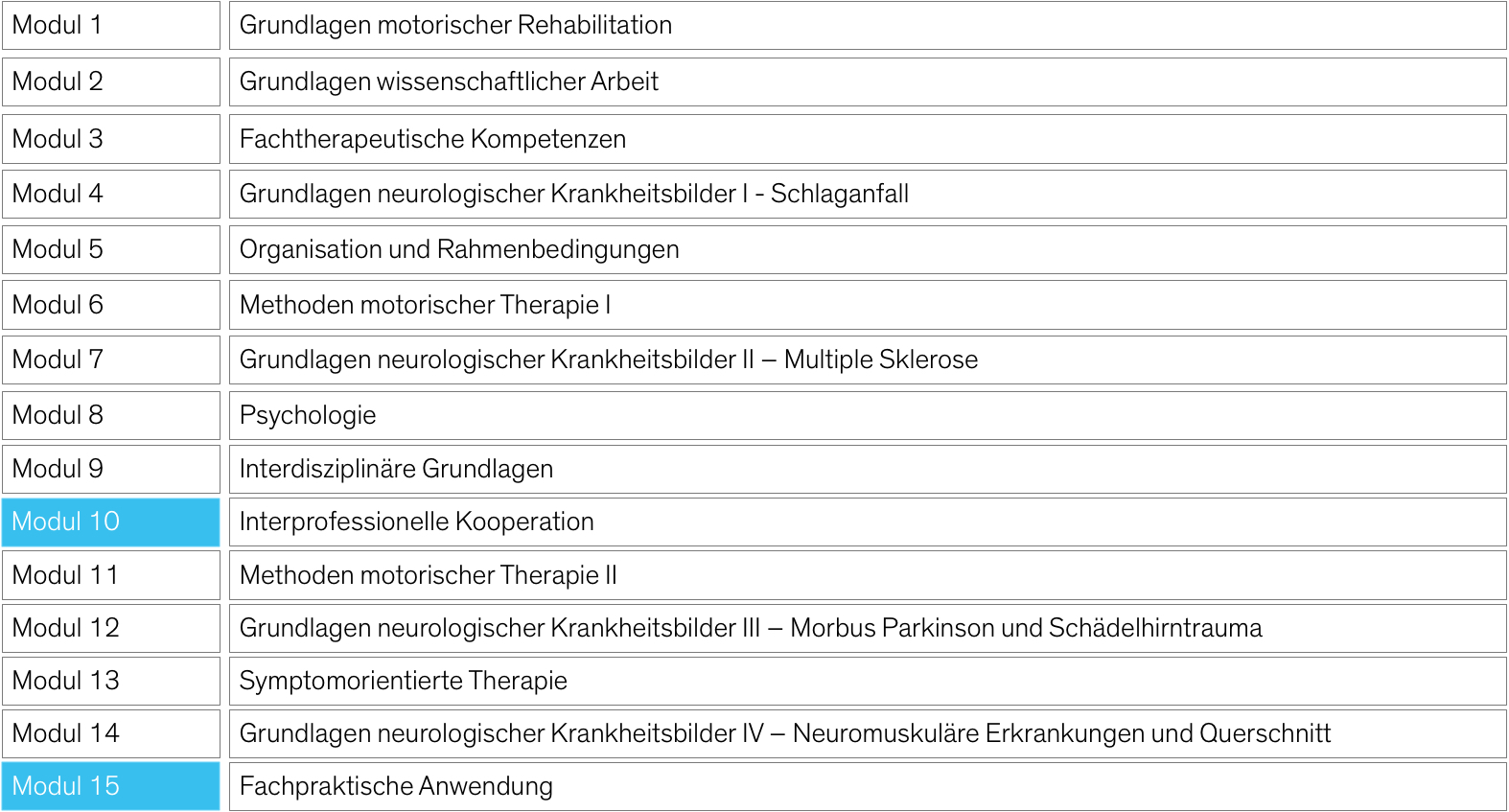 Neuroreha Bachelor Modulübersicht